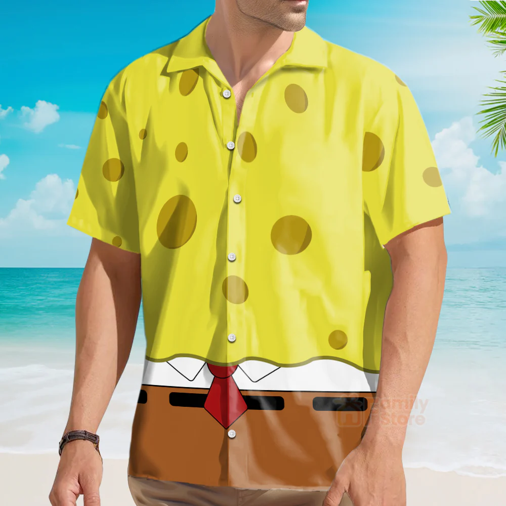 Yellow Sponge Man Cartoon Costume Breast Pocke Hawaiian Shirt - Image 4