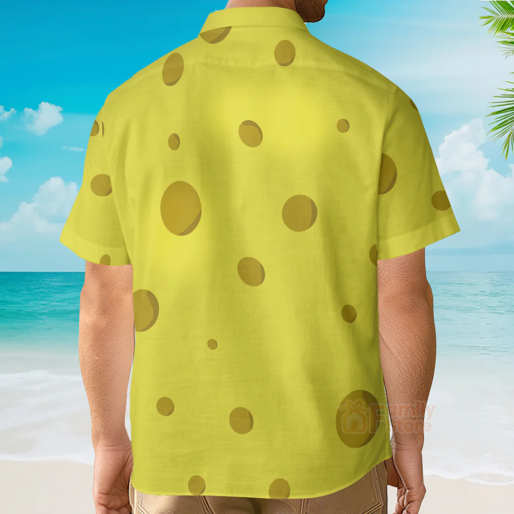 Yellow Sponge Man Cartoon Costume Breast Pocke Hawaiian Shirt - Image 5