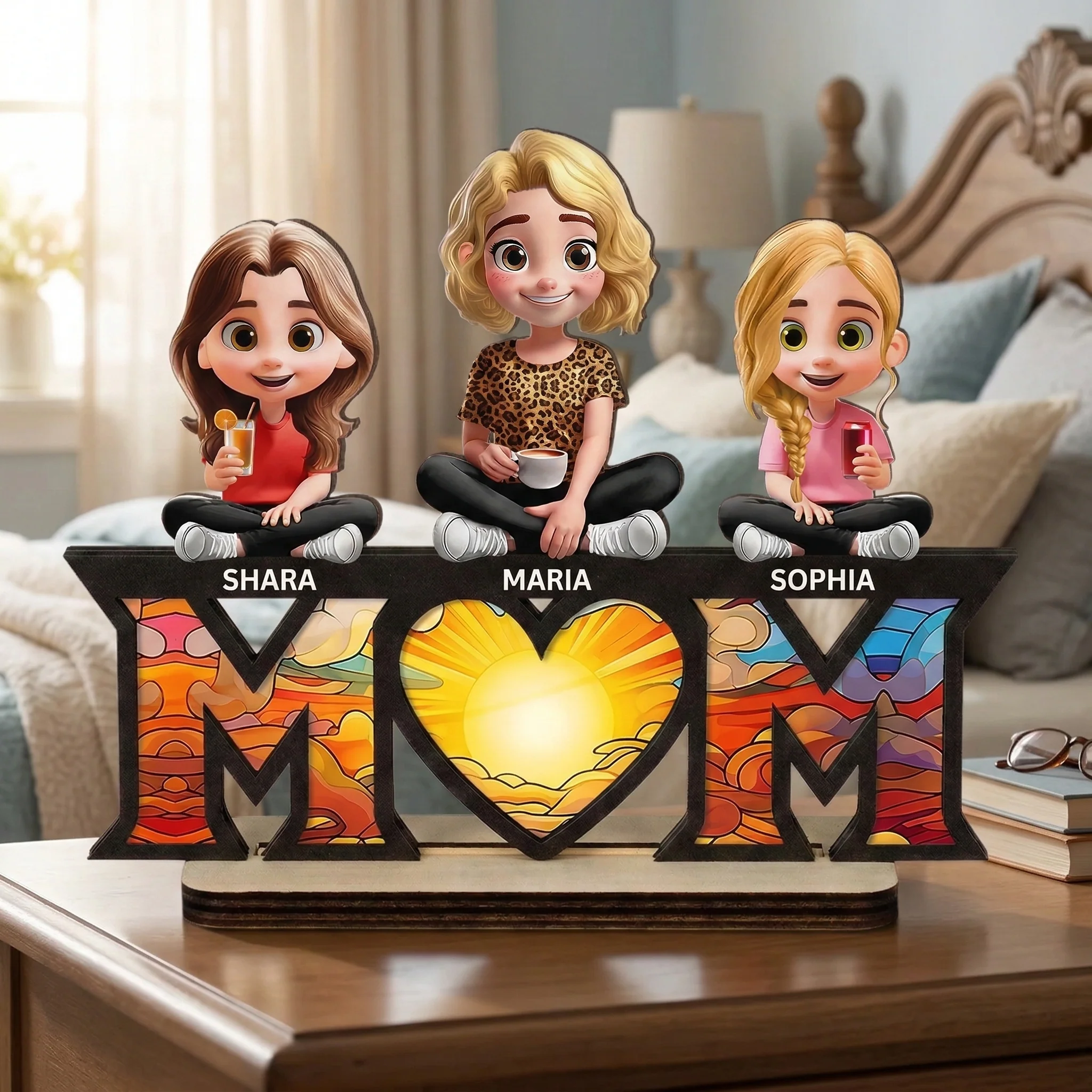 Young Mother Daughter Son We Love You Mom 3D Cartoon - Personalized Wooden Plaque - Gift For Mom, Grandma | GR25 HN02