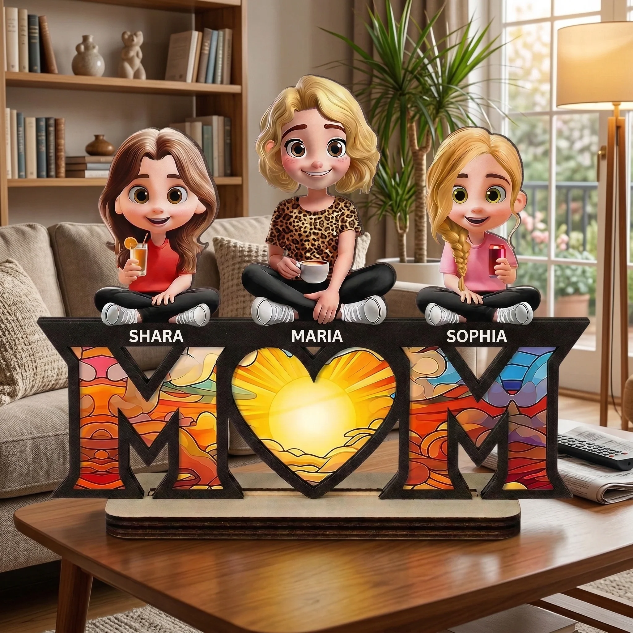 Young Mother Daughter Son We Love You Mom 3D Cartoon - Personalized Wooden Plaque - Gift For Mom, Grandma | GR25 HN02 - Image 2