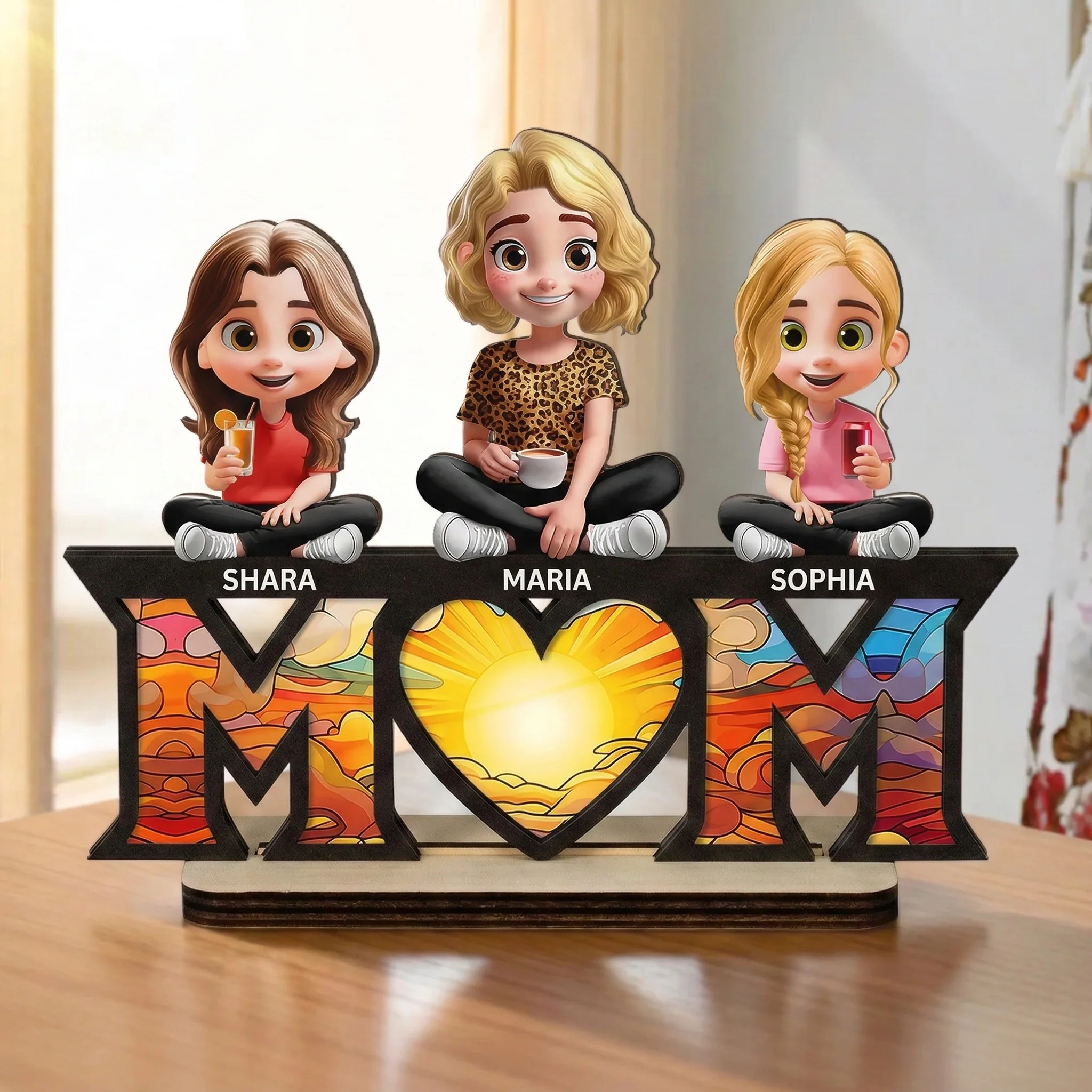 Young Mother Daughter Son We Love You Mom 3D Cartoon - Personalized Wooden Plaque - Gift For Mom, Grandma | GR25 HN02 - Image 3