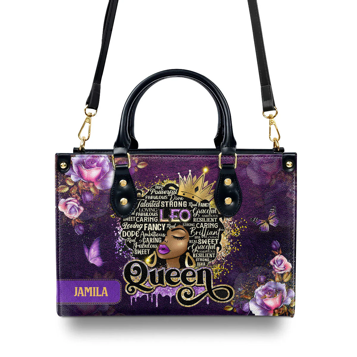 Zodiac Queen Purple Roses - Personalized Leather Handbag - Unique Birthday Gift For Her HD95 - Image 4